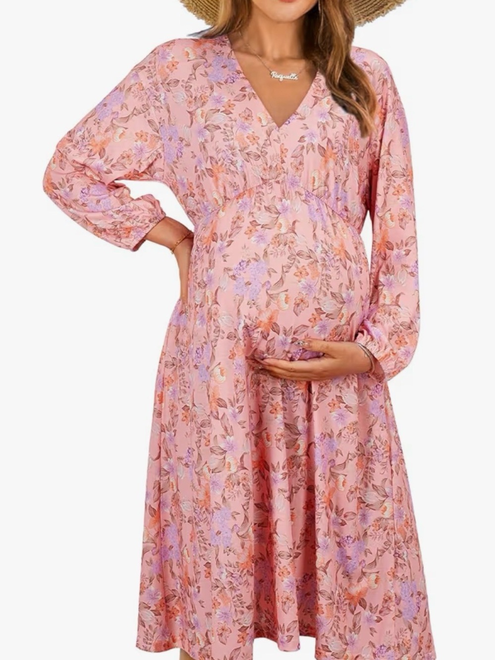 Women's maternity Pink Floral Long Sleeve V-Neck Midi Dress